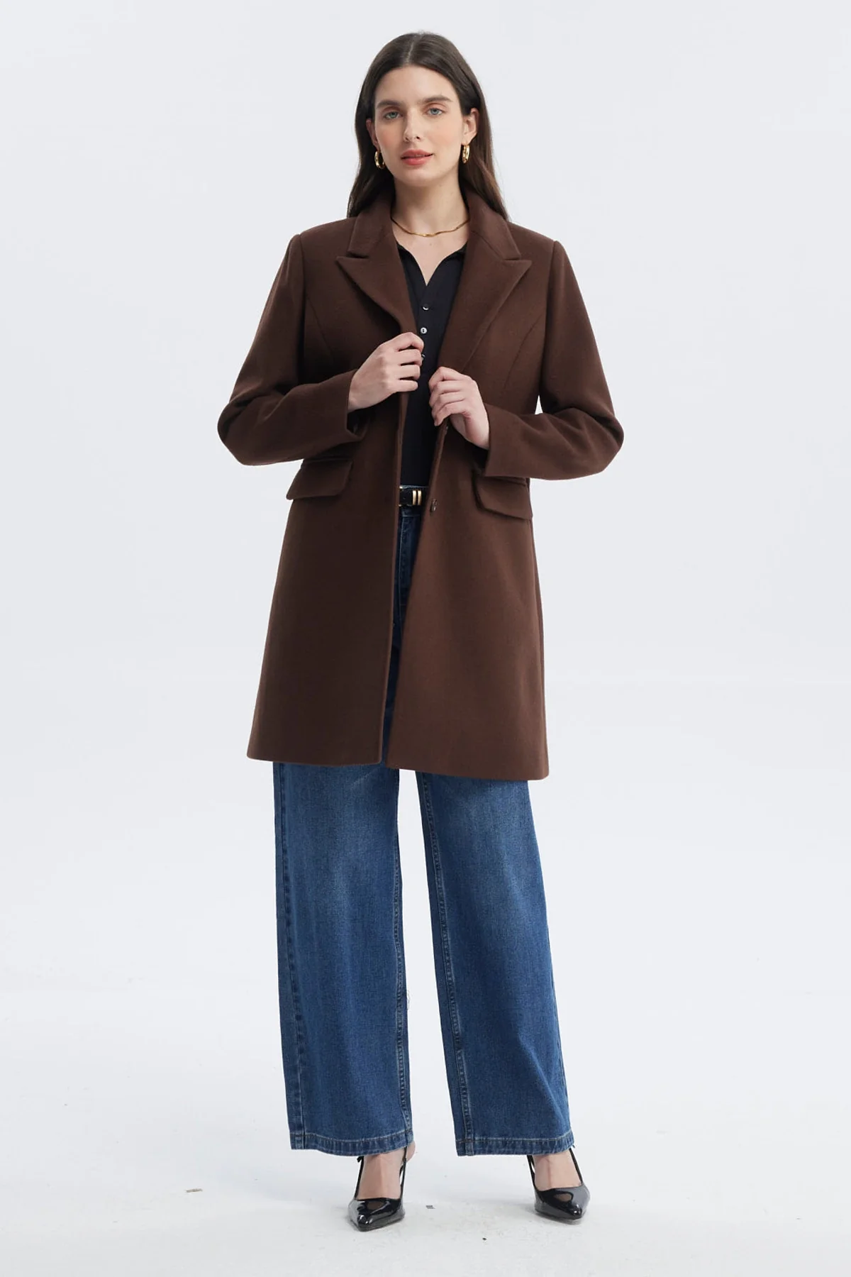 Abrigo Mujer Slim Cuello Camisero Chocolate - Image 4