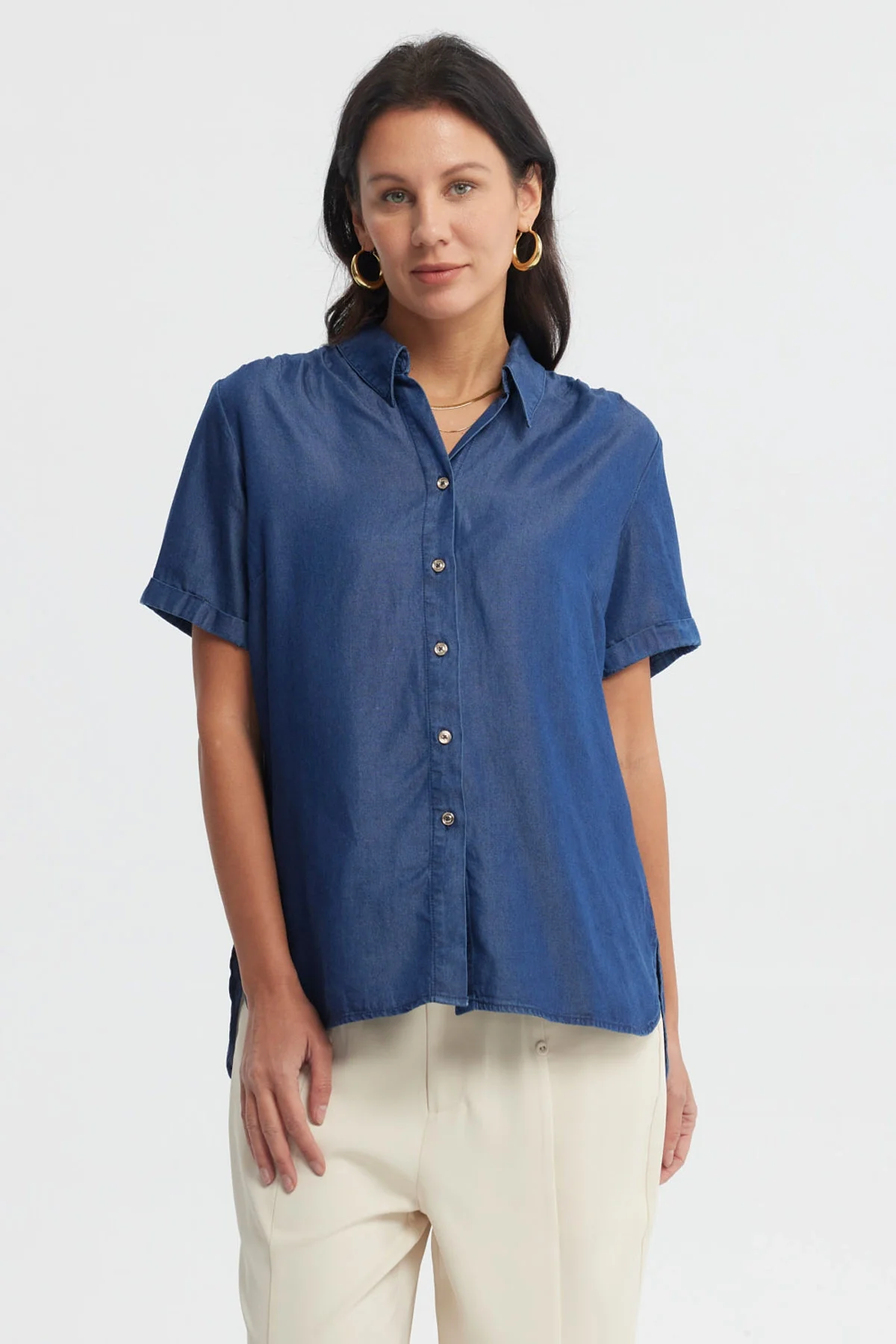 Blusa Mujer Cuello Camisero Azul