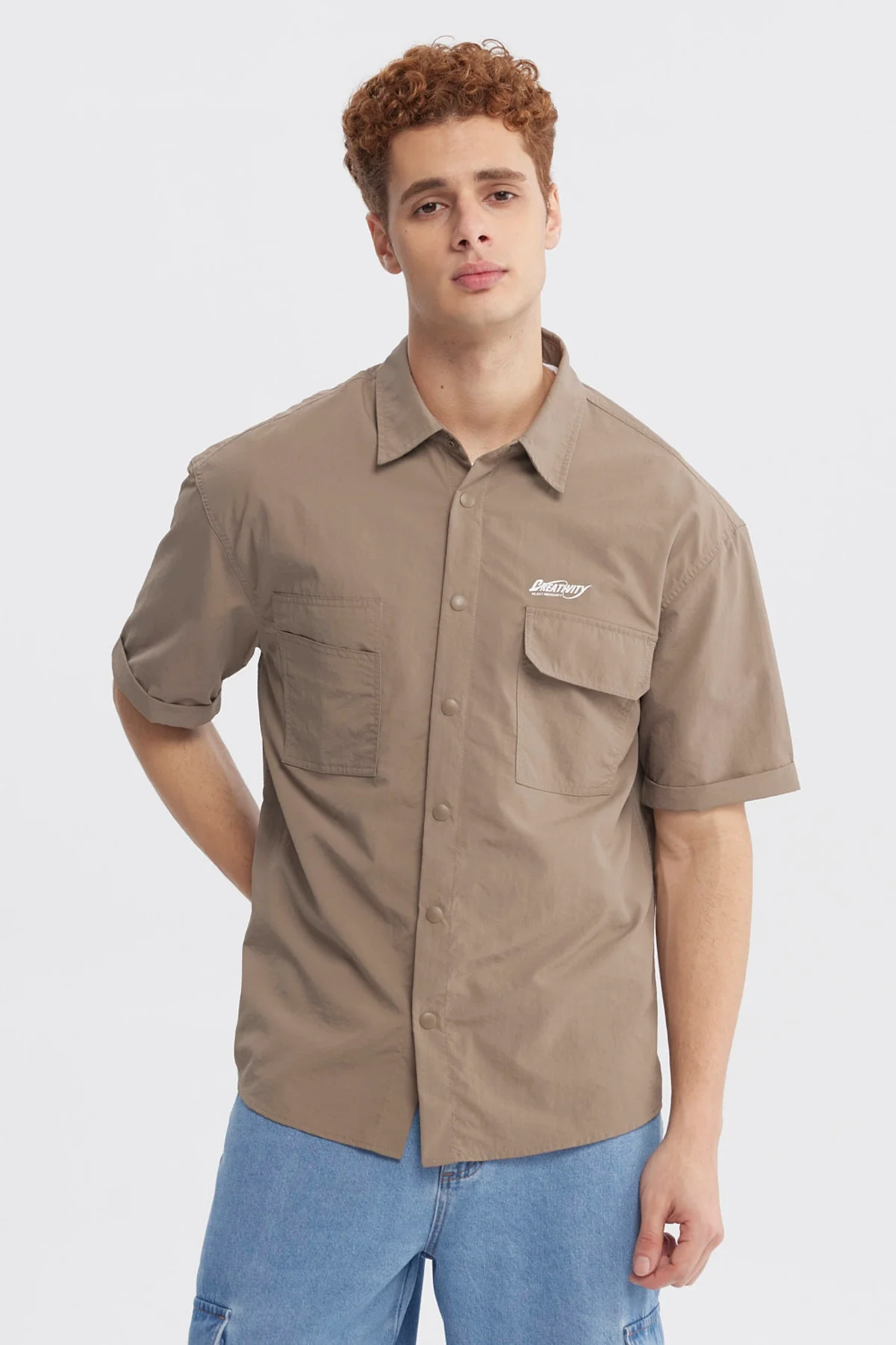 Camisa Hombre Oversize Doble Bolsillo Café
