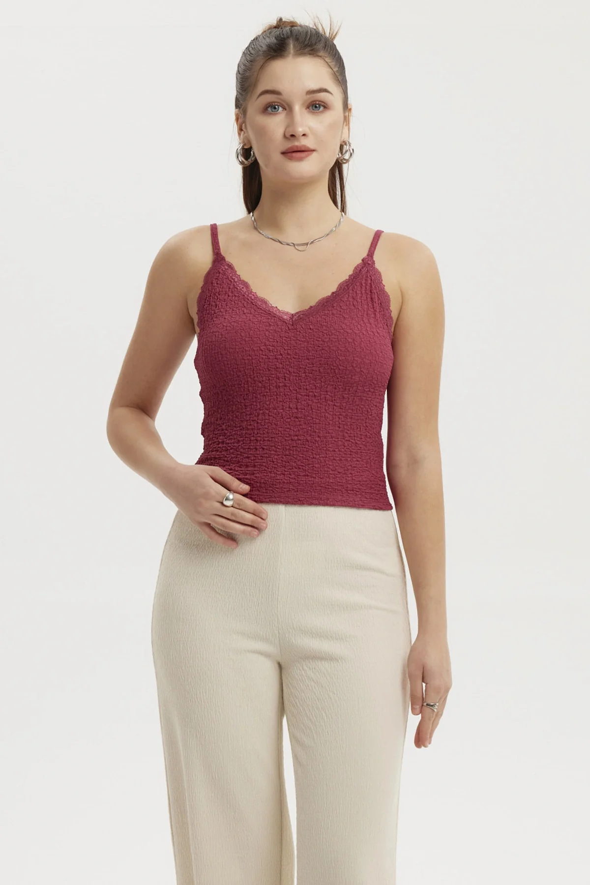 Peto Mujer Texturizado Encaje En Escote Magenta