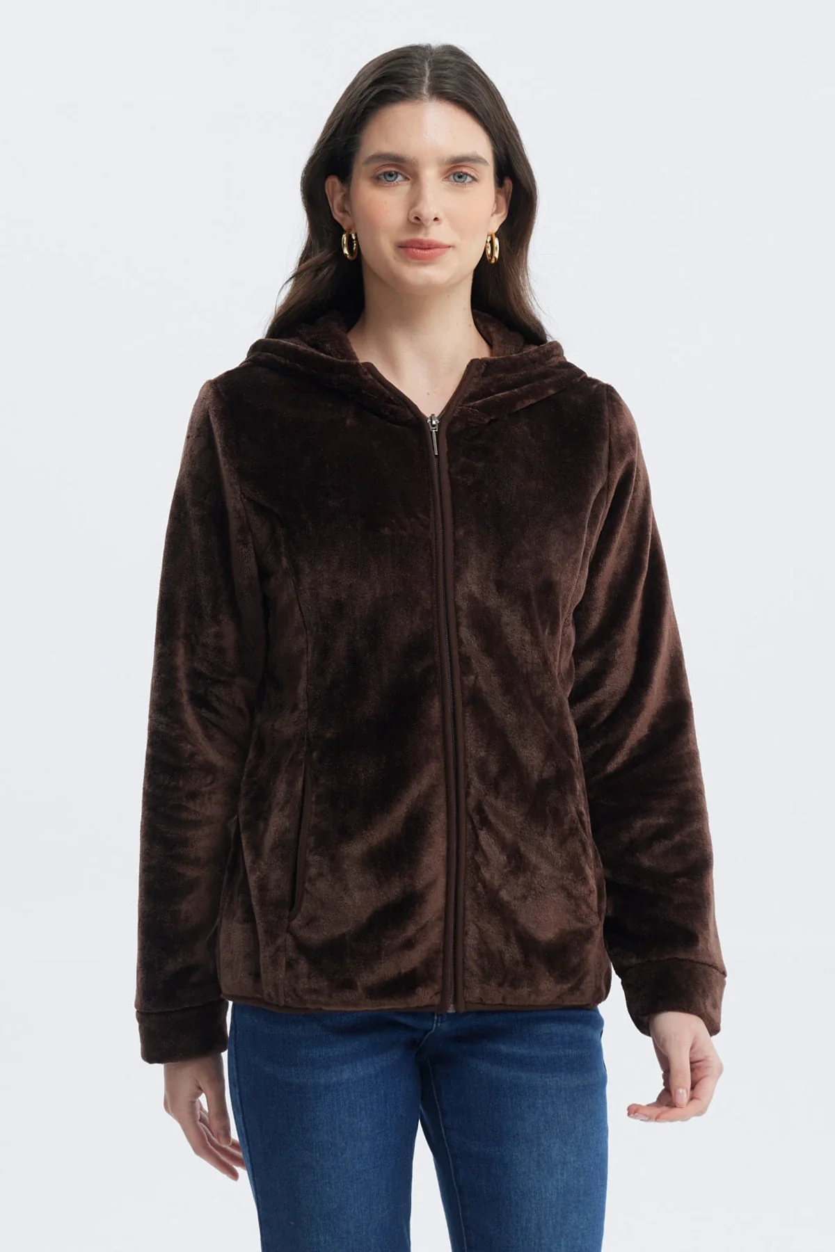 Polar Mujer Básico Plush Con Cierre Café