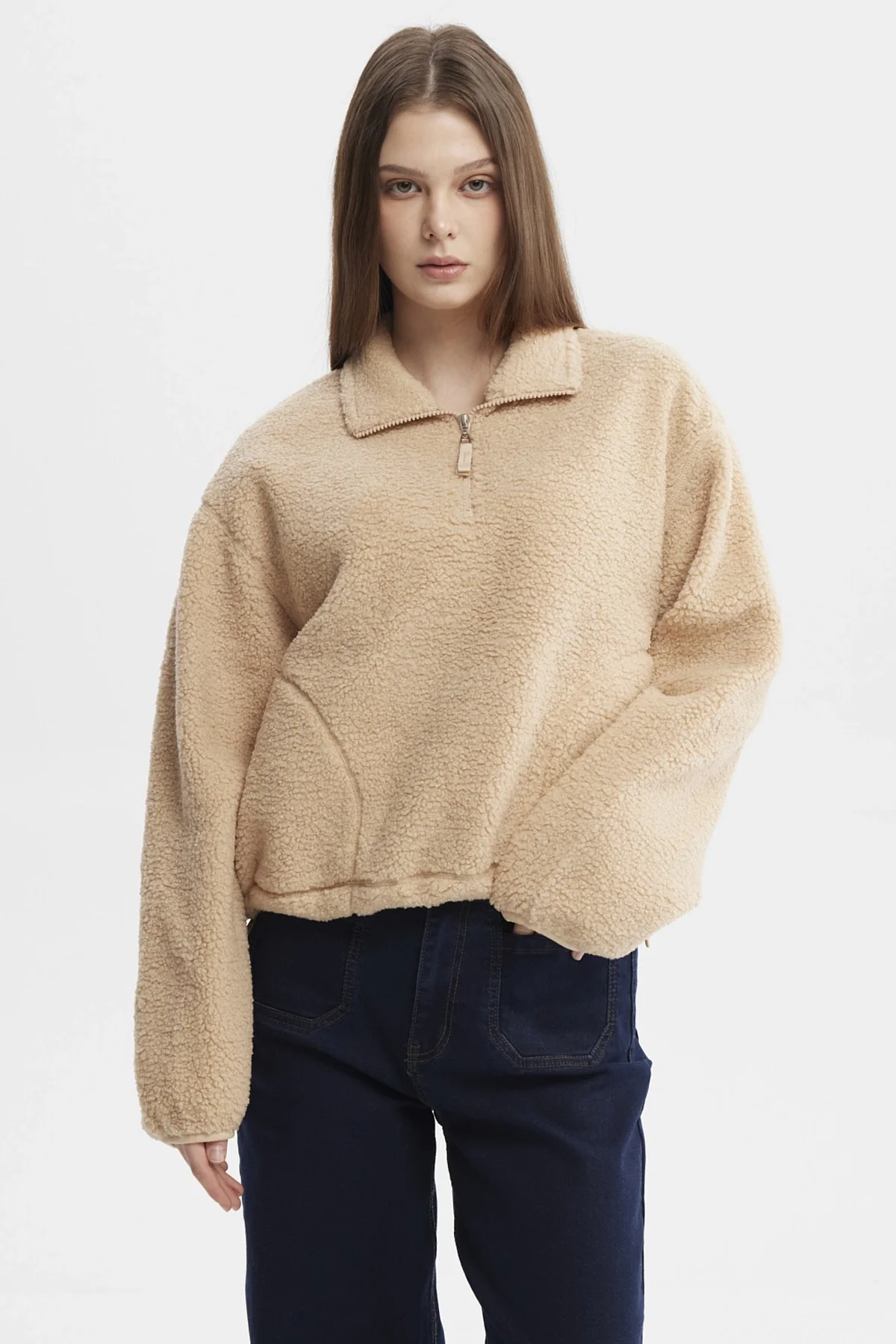 Polar Mujer Corderito Medio Cierre Beige