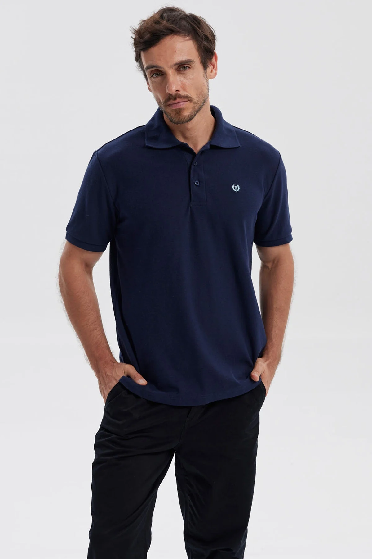 Polera Hombre Pique Básica Lisa Azul Marino
