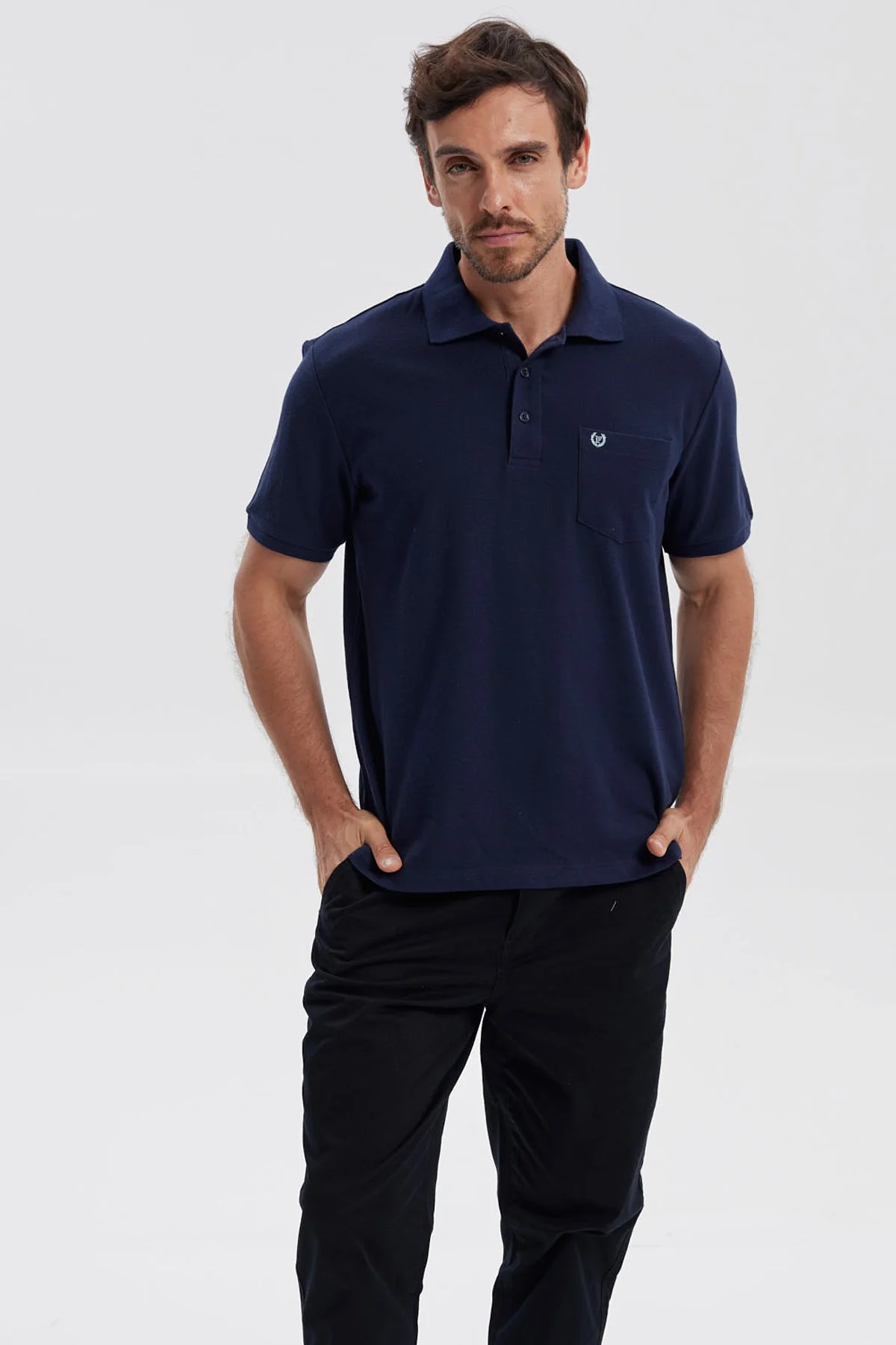Polera Hombre Pique Básica Lisa Azul Marino