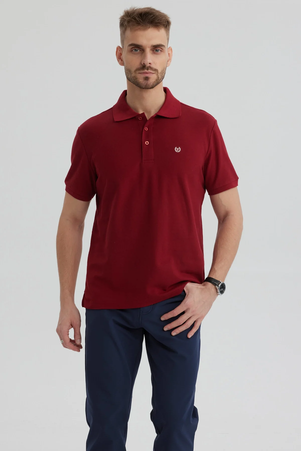 Polera Hombre Pique Básica Lisa Burdeo