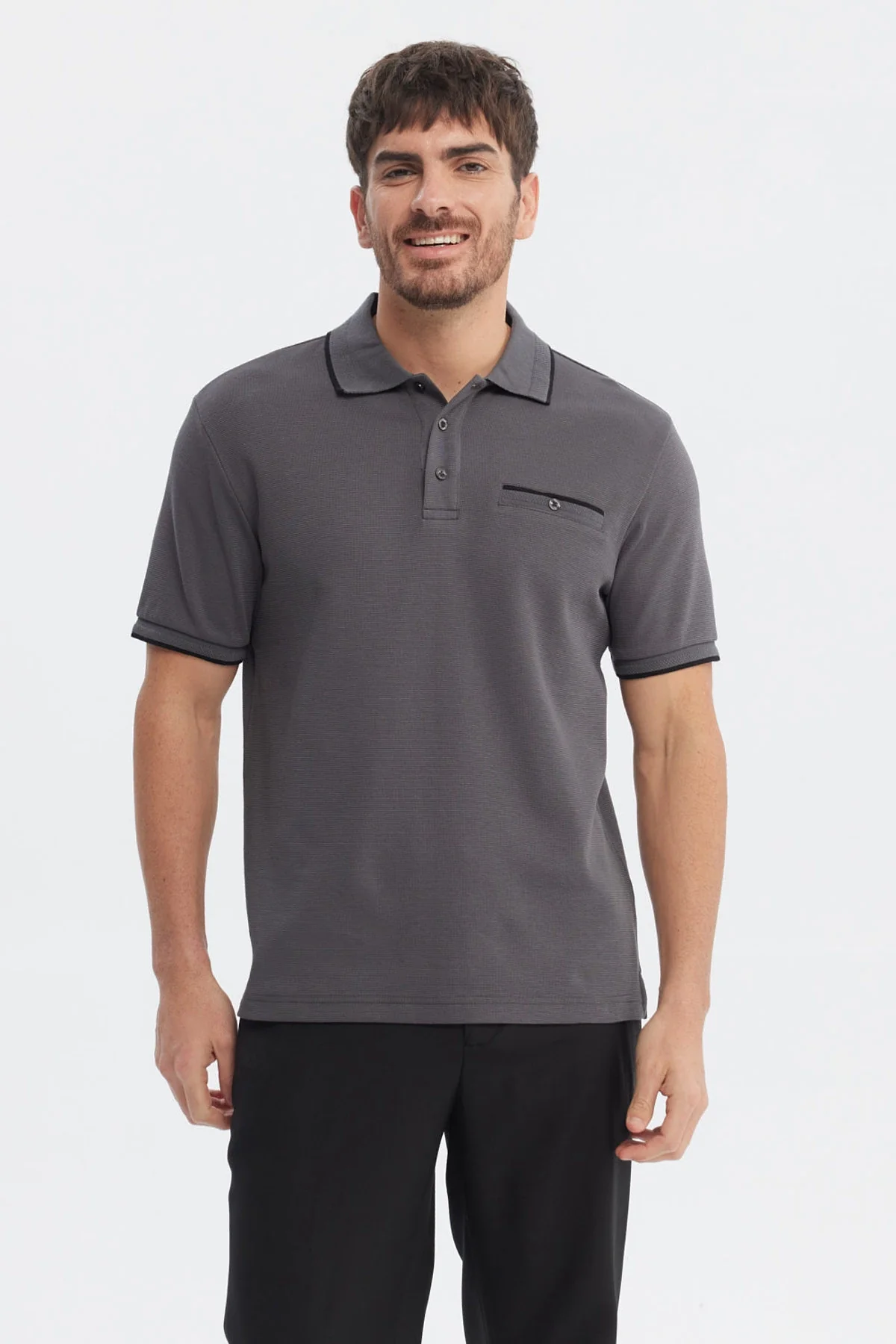 Polera Hombre Pique Con Bolsillo Botón Marengo