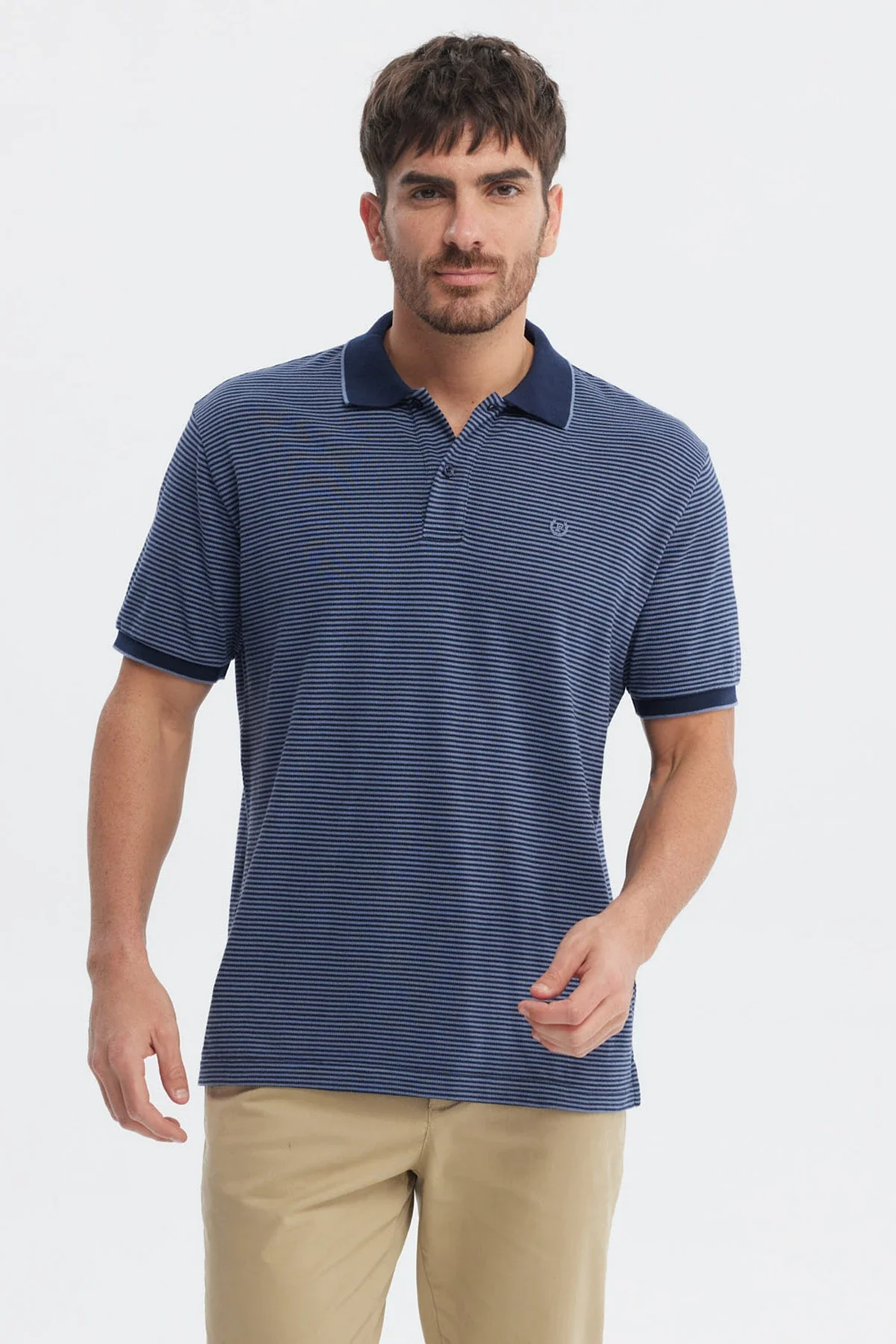 Polera Hombre Pique Rayas Logo Azul Marino