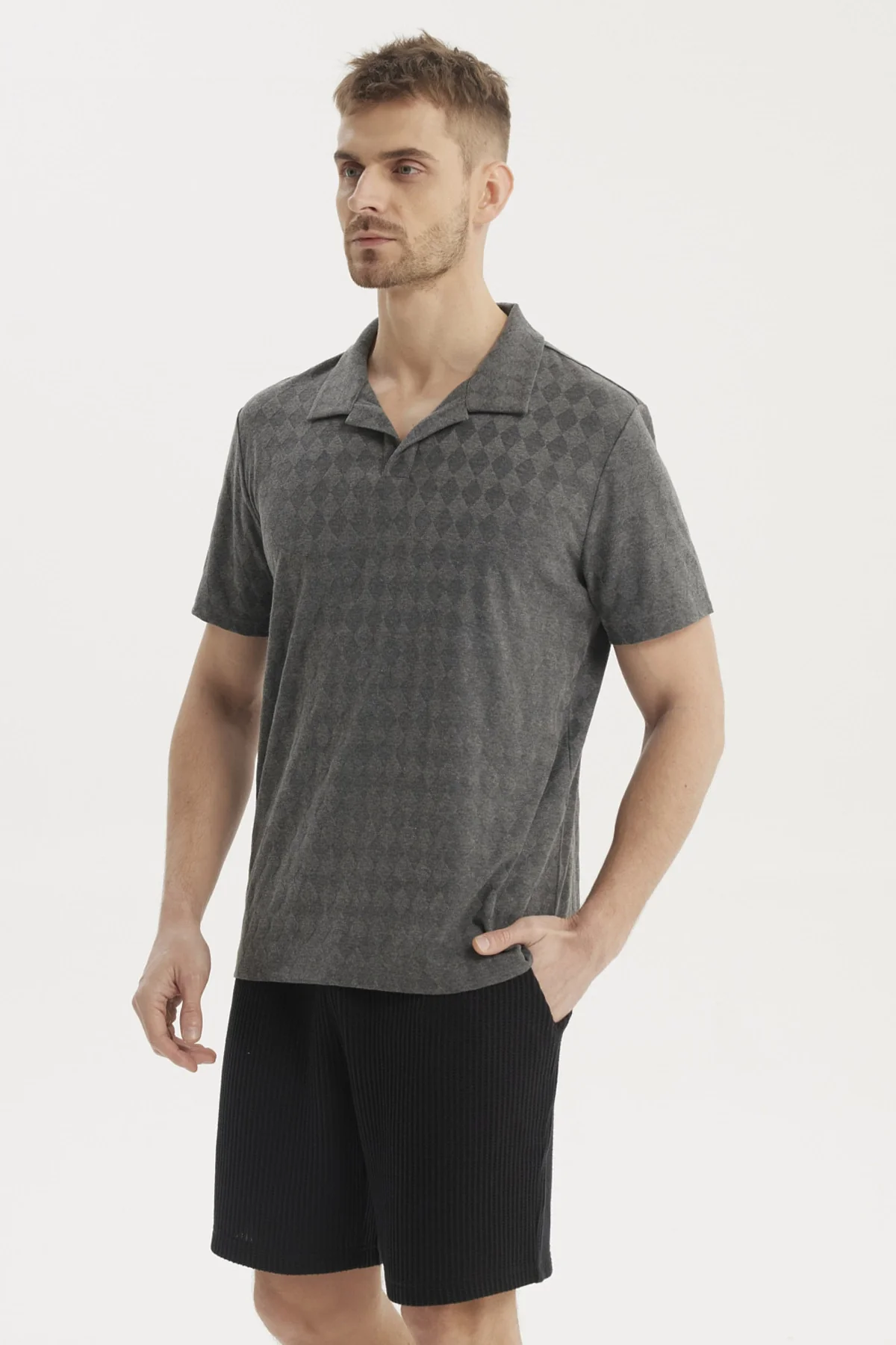 Polera Hombre Slim Cuello Camisero Gris Melange - Image 2