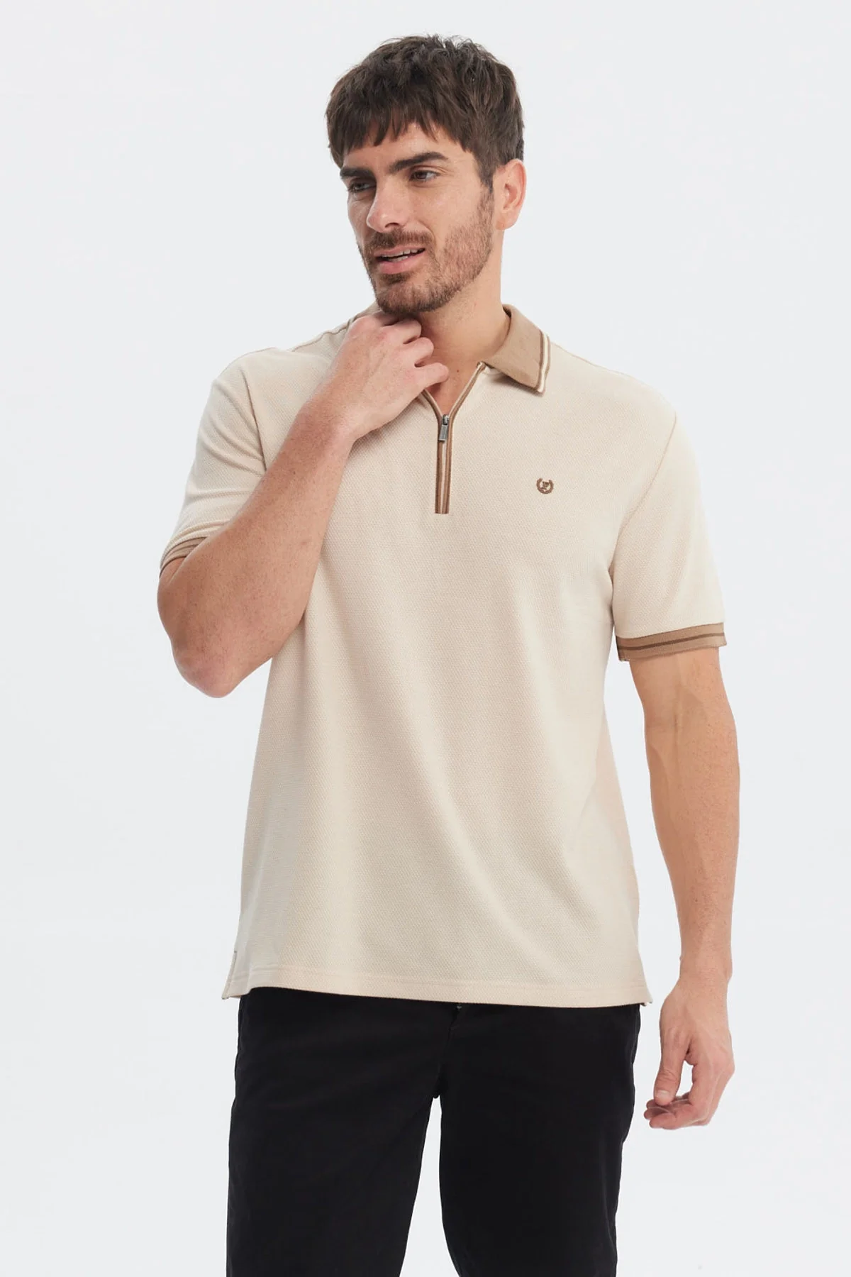 Polera Hombre Textura Cierre Polo Beige