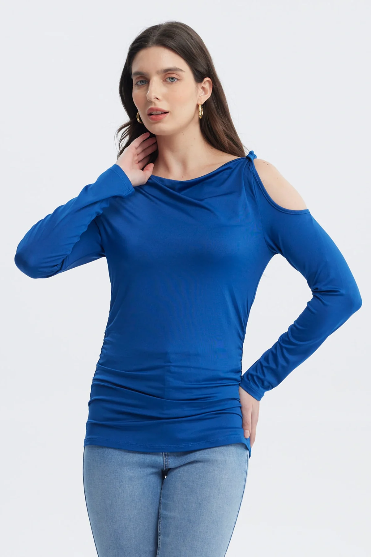 Polera Mujer Aplicación Nudo Hombro Azul
