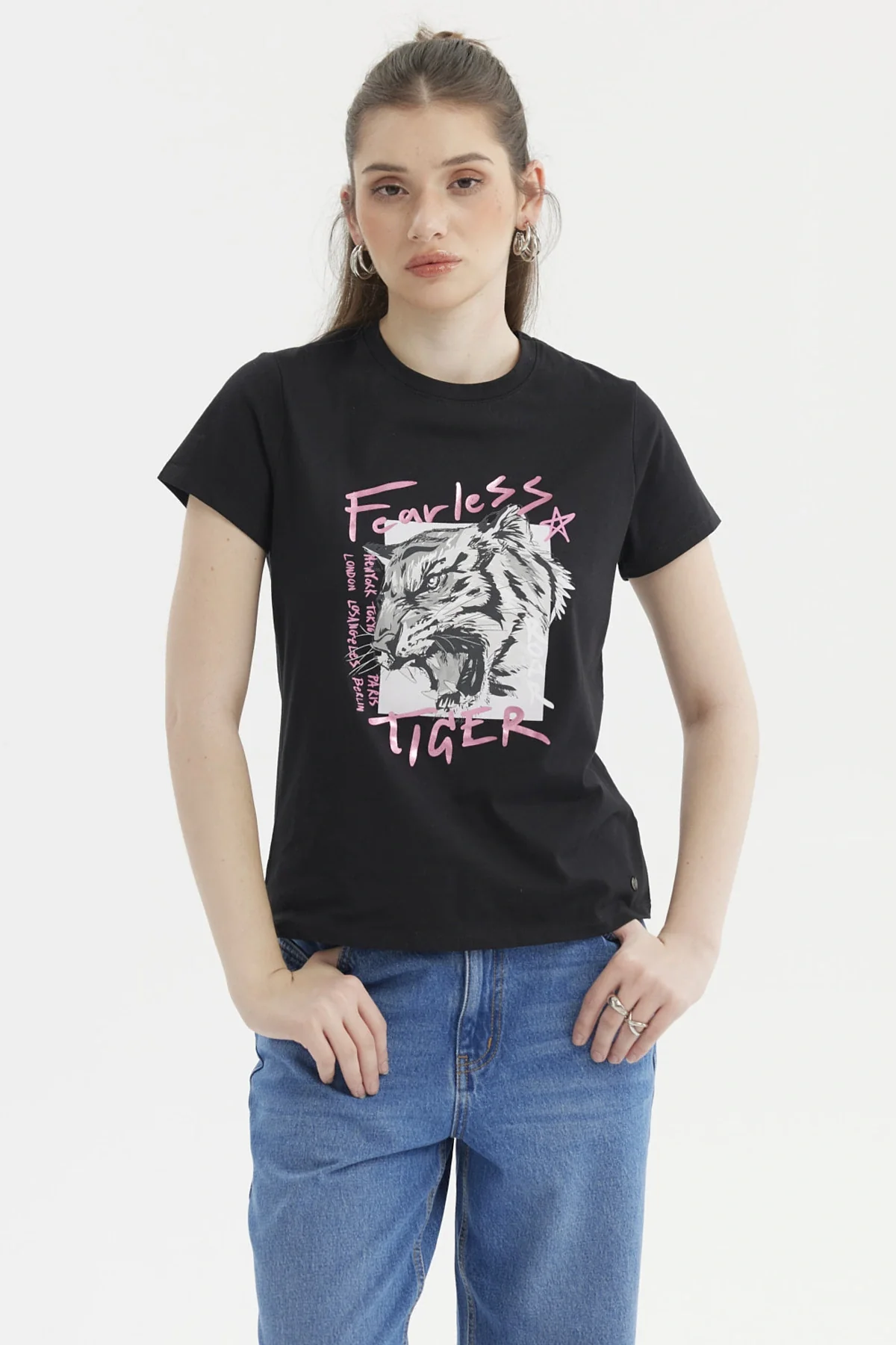 Polera Mujer Básica Negro / Fucsia