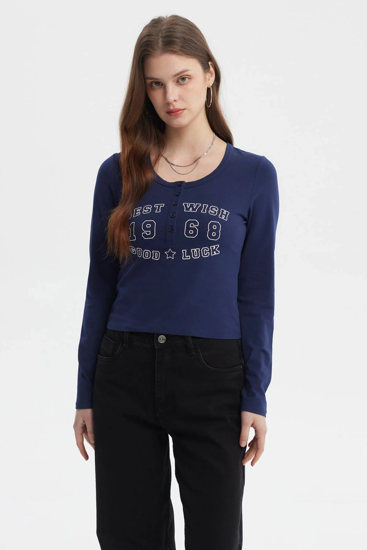 Polera Mujer Botones Cuello Redondo Azul