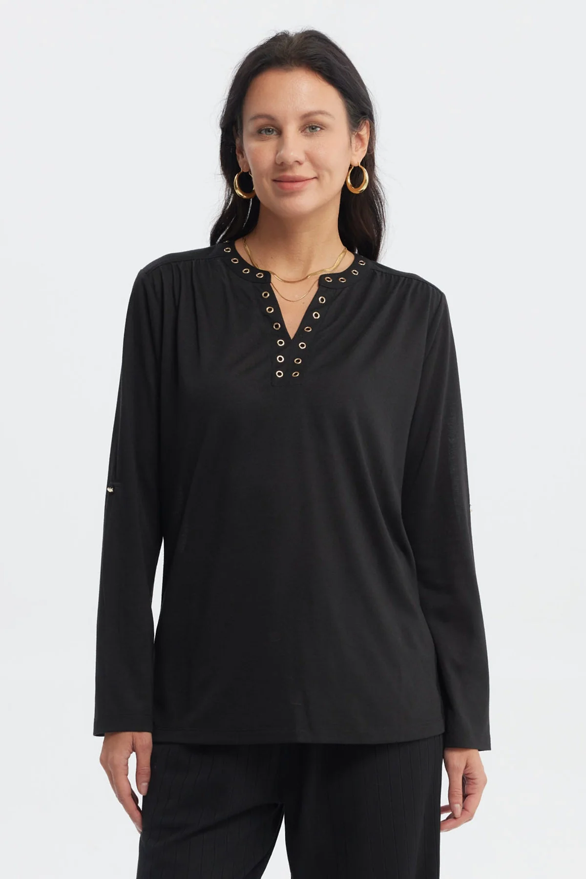Polera Mujer Cuello Abotónado Negro