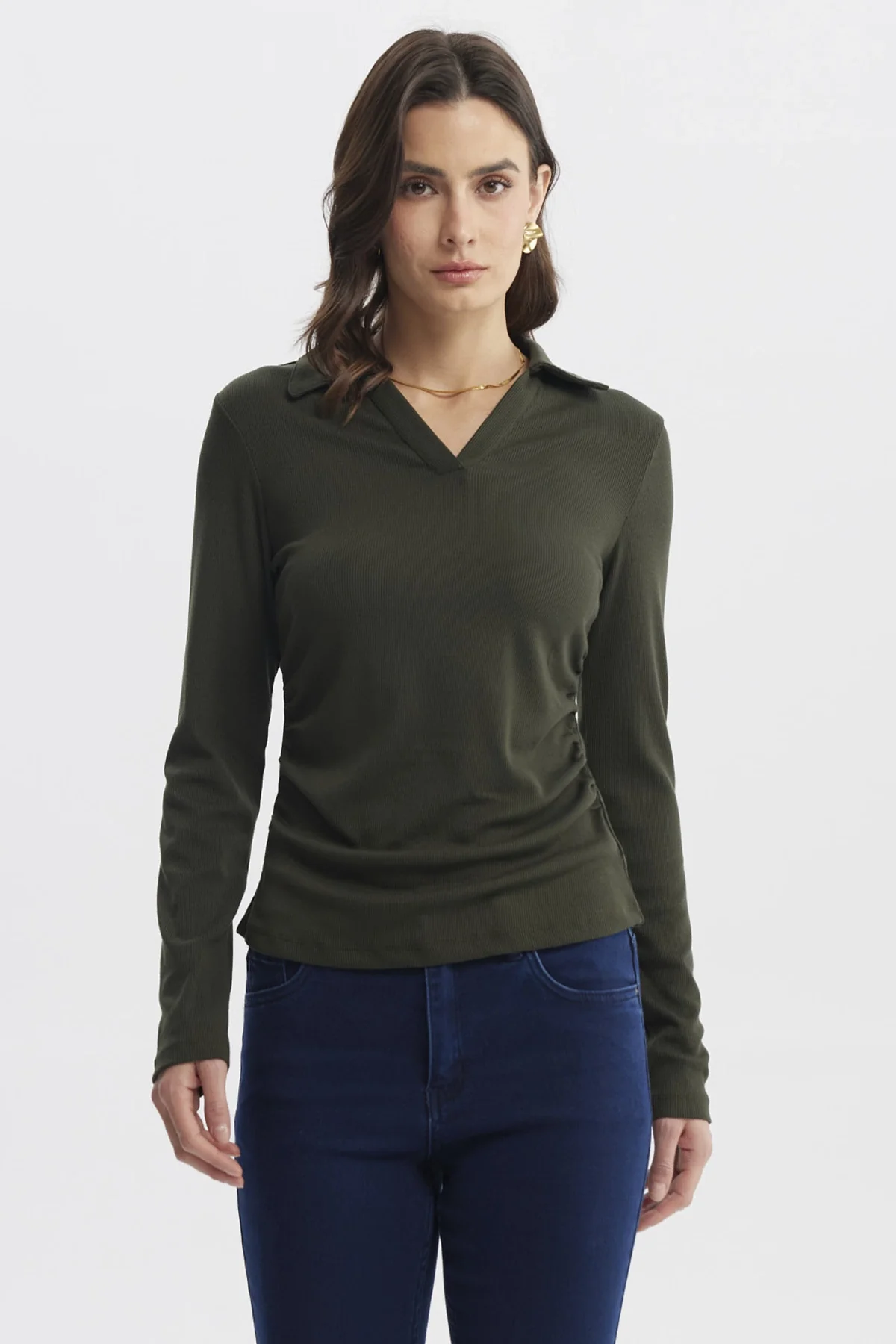 Polera Mujer Cuello Camisero Verde Musgo