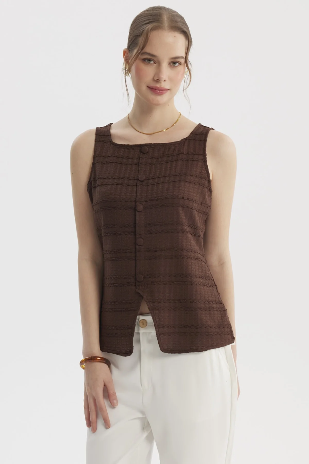 Polera Mujer Cuello Cuadrado Café