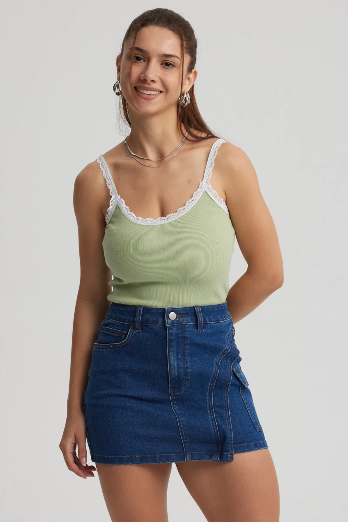 Polera Mujer Encaje Escote Verde Claro