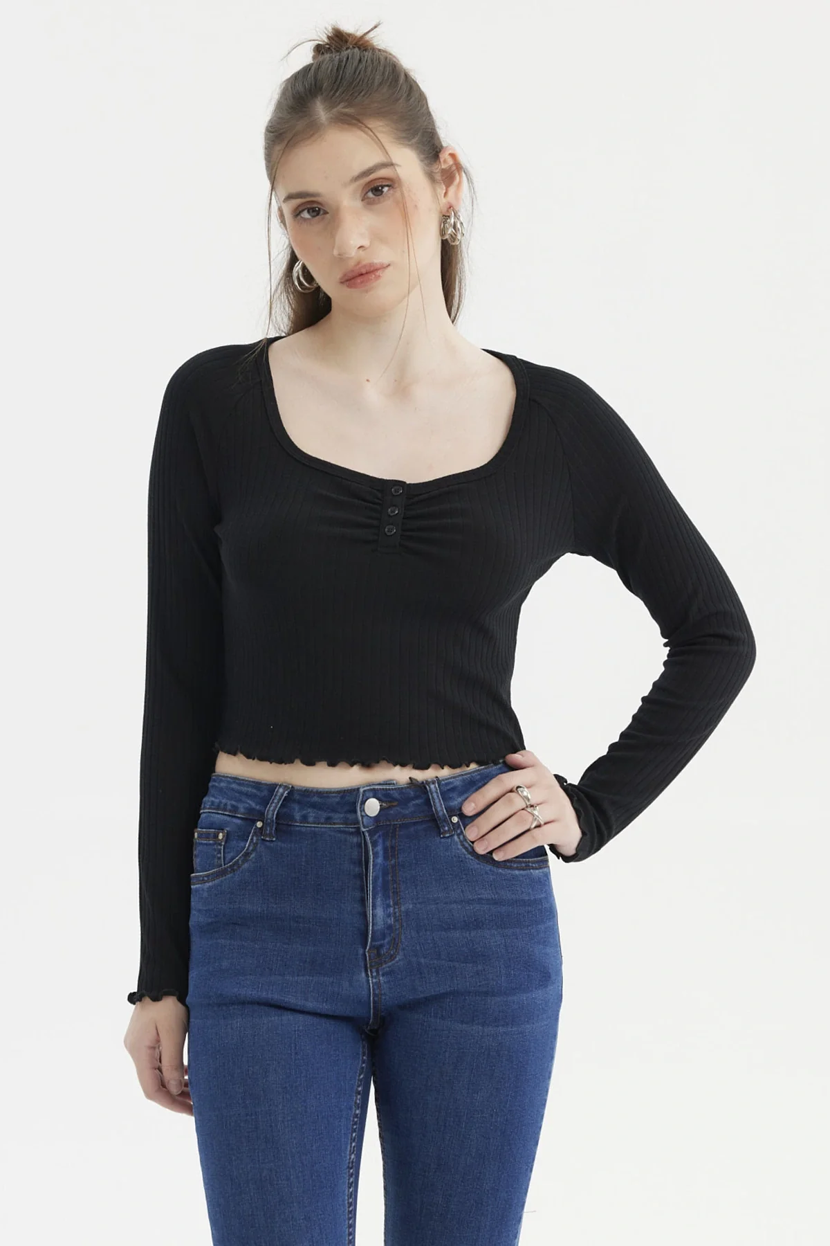 Polera Mujer Escote Abotonado Negro