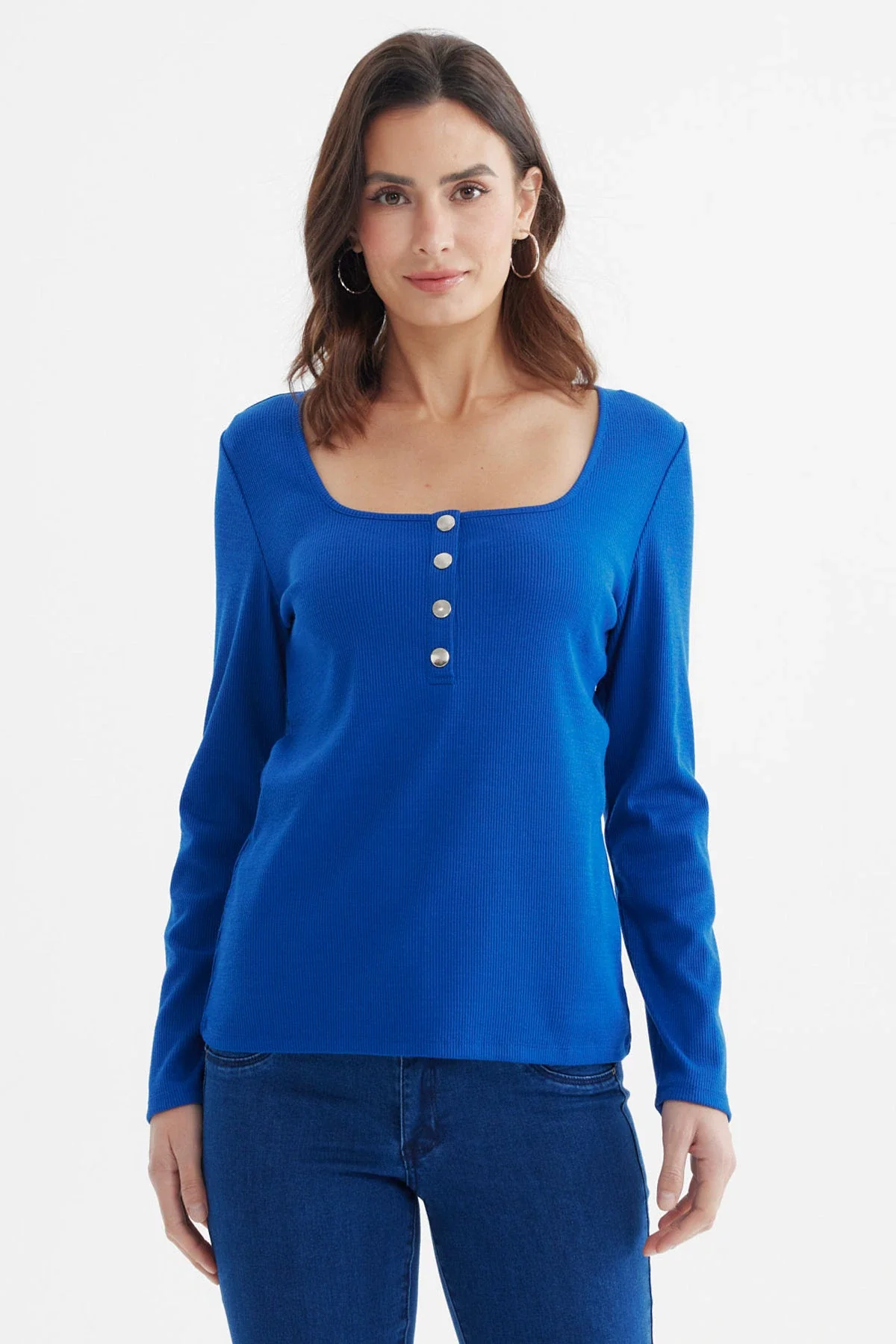 Polera Mujer Escote Cuadrado Botones Metálicos Azul