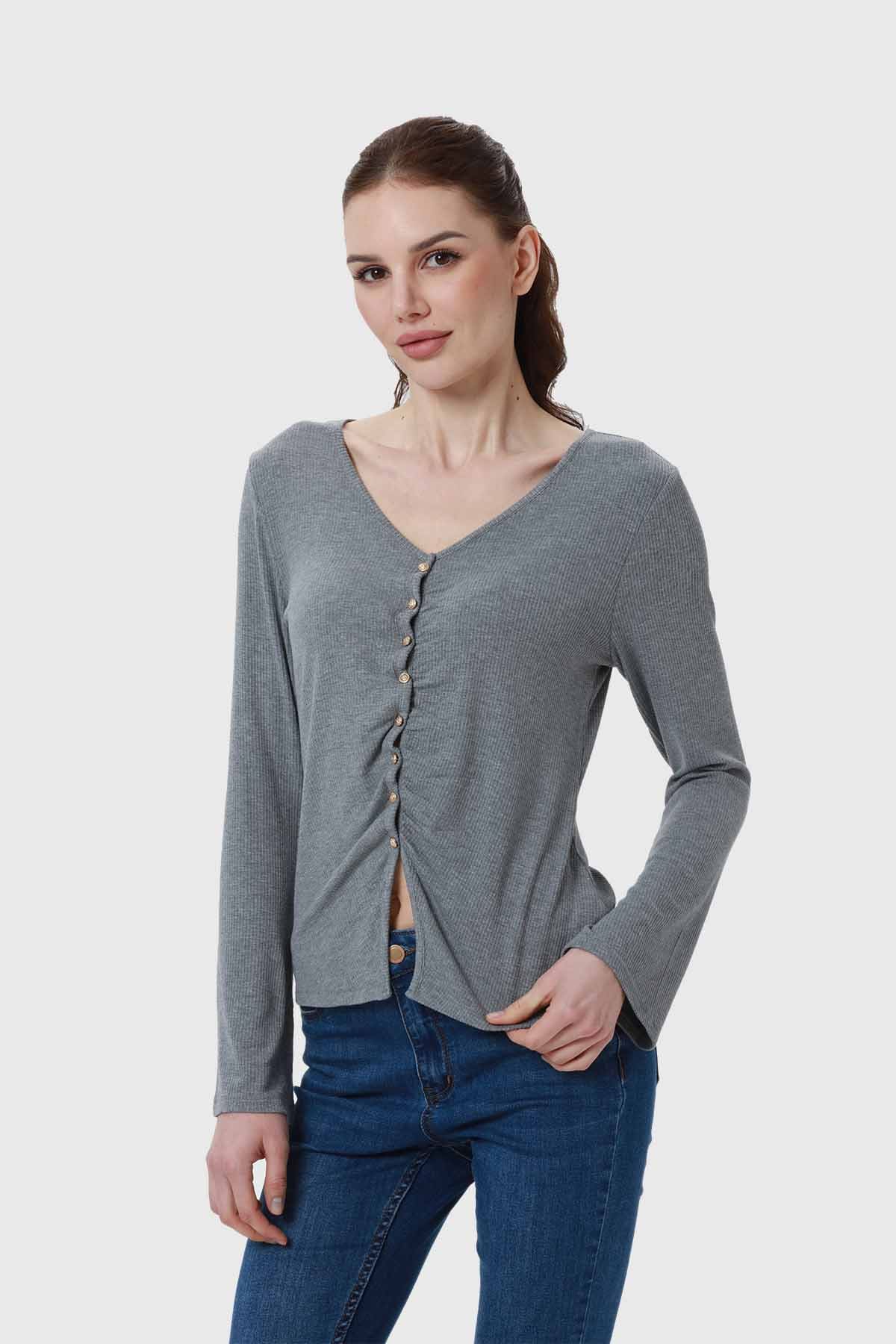 Polera Mujer Recogido Con Botones Gris - Image 2