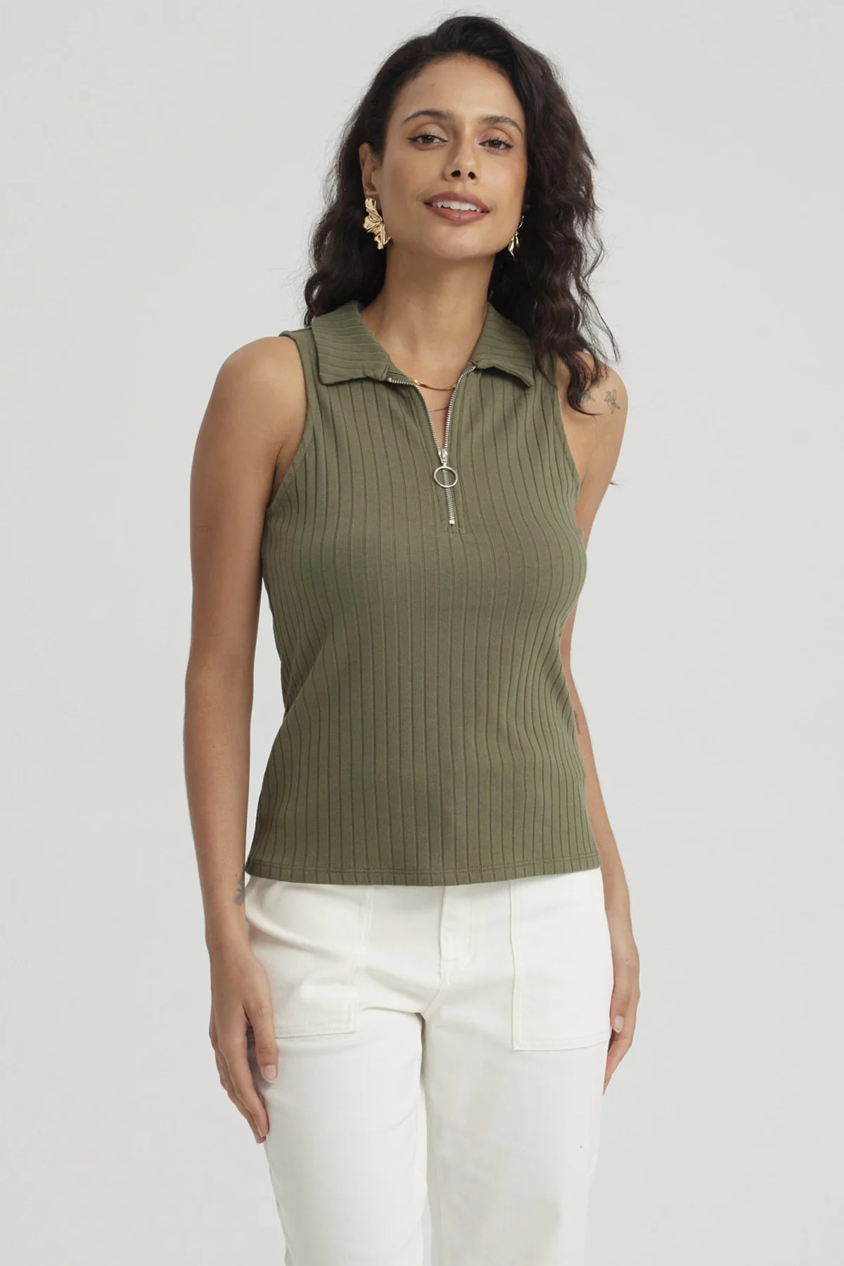 Polera Mujer Rib Medio Cierre Verde Musgo