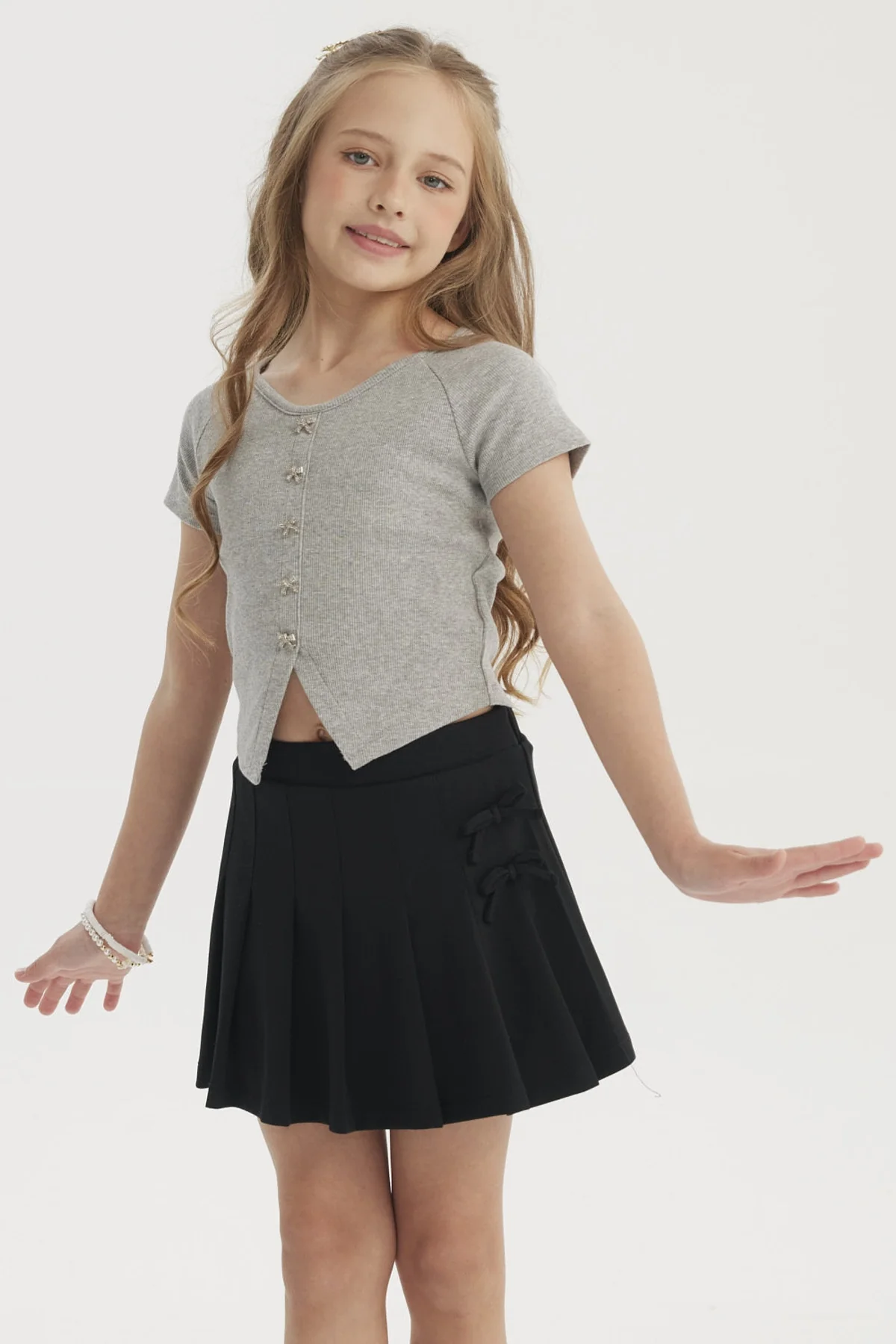Polera Niña Botones De Lazo Gris Melange