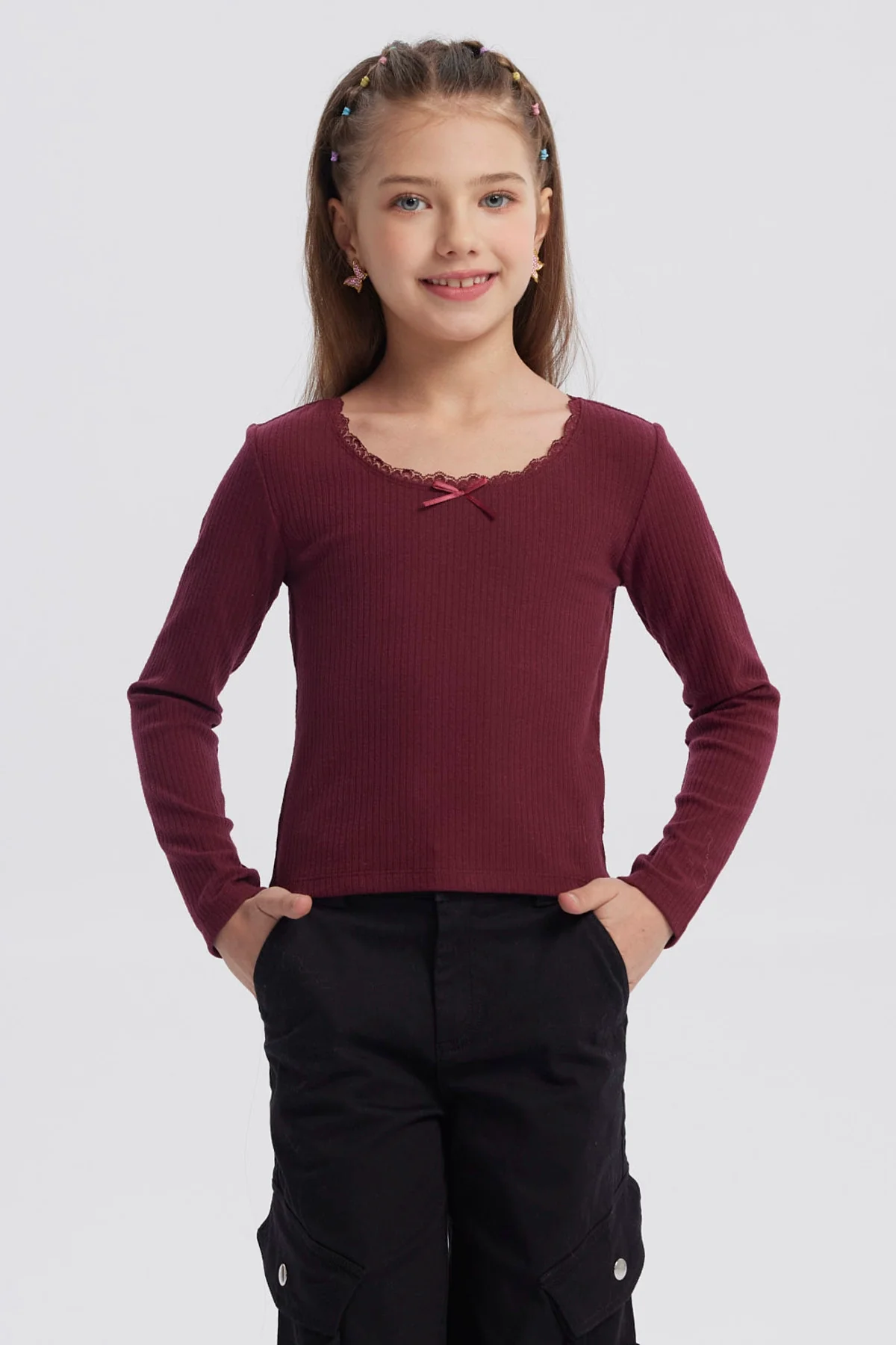 Polera Niña Cuello Encaje Burdeo