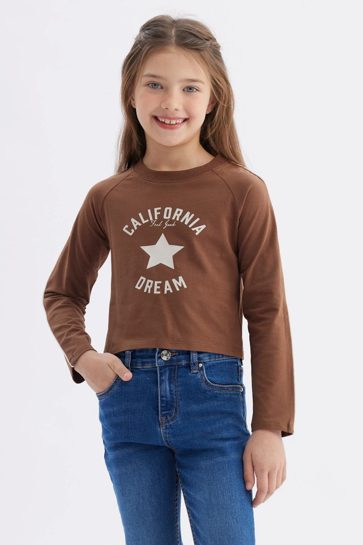 Polera Niña Piping Y Print Café