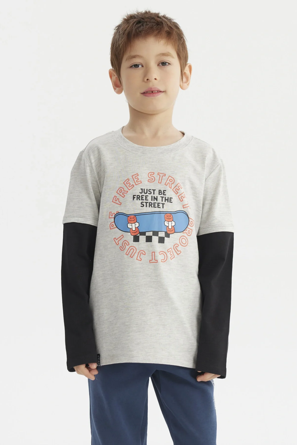 Polera Niño Básica Print Gris Melange Claro