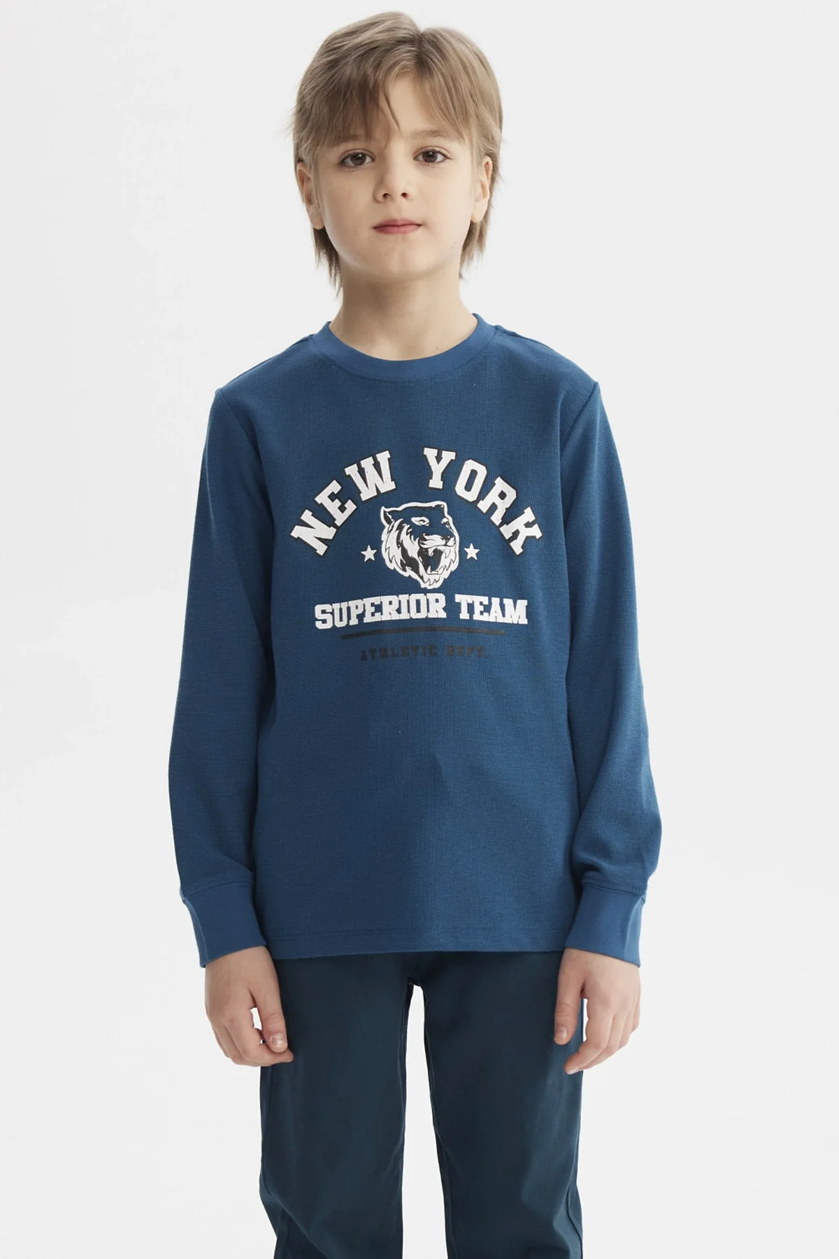 Polera Niño College Con Puños Azul Petroleo