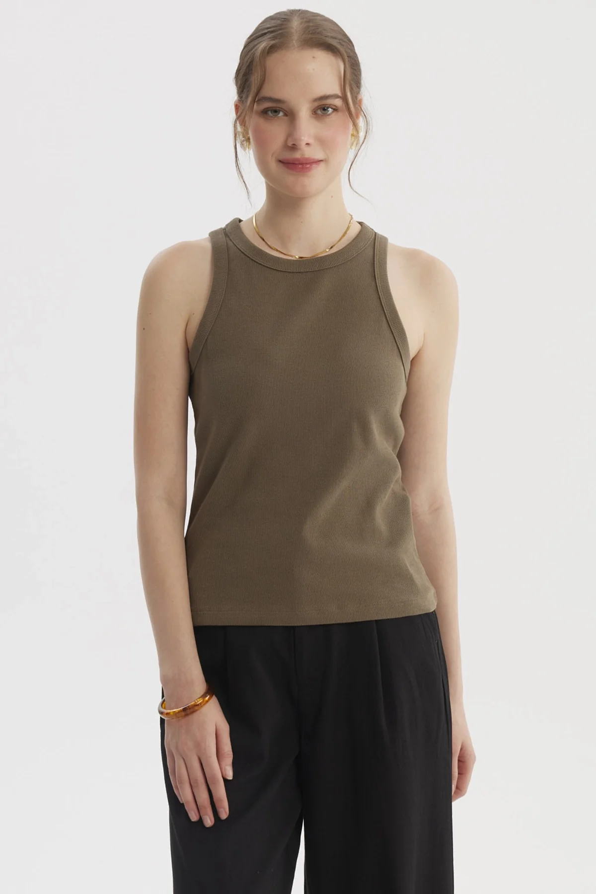 Polera Peto Mujer Básico Liso Rib Verde Olivo