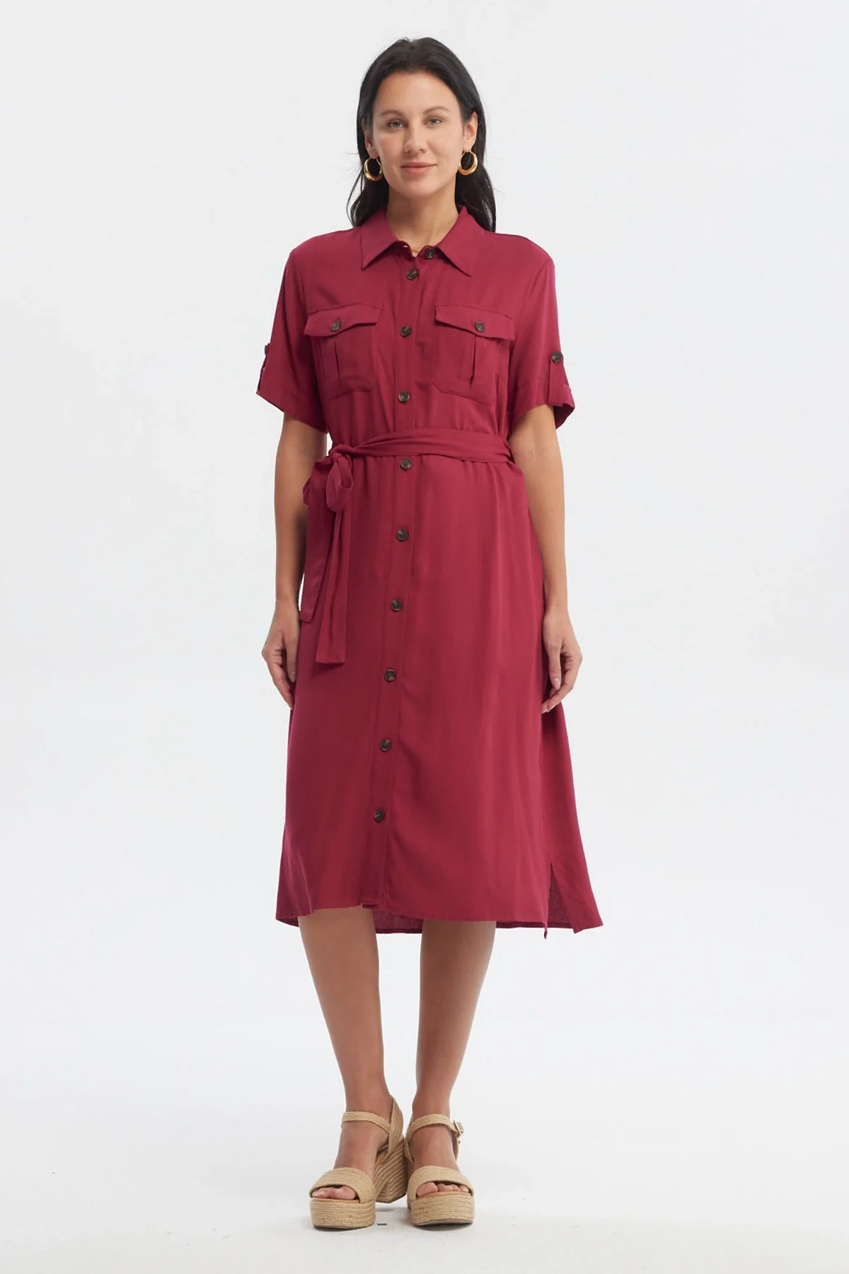 Vestido Mujer Camisero Con Cinturón Rojo