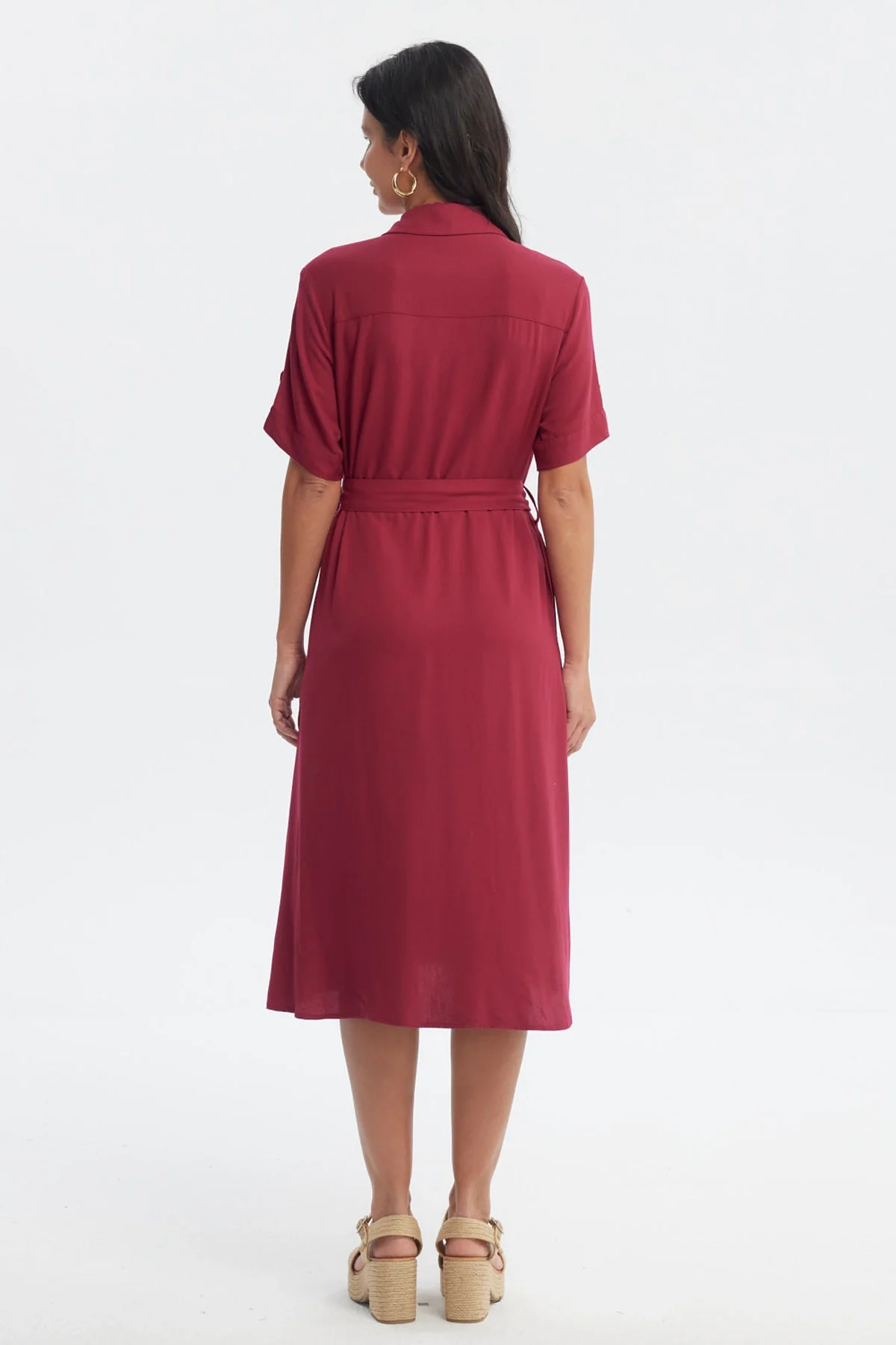 Vestido Mujer Camisero Con Cinturón Rojo - Image 3