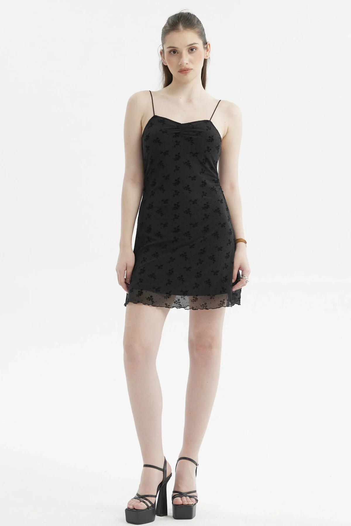 Vestido Mujer Corto Malla Aplicación Flock Negro