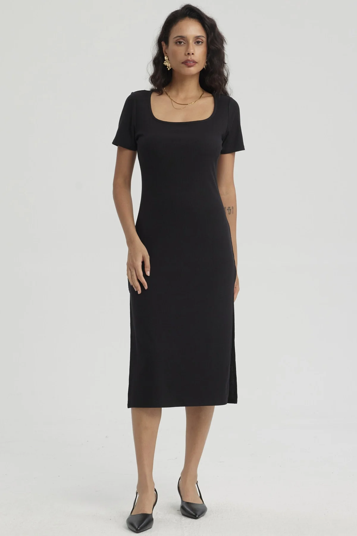 Vestido Mujer Largo Escote Cuadrado Negro